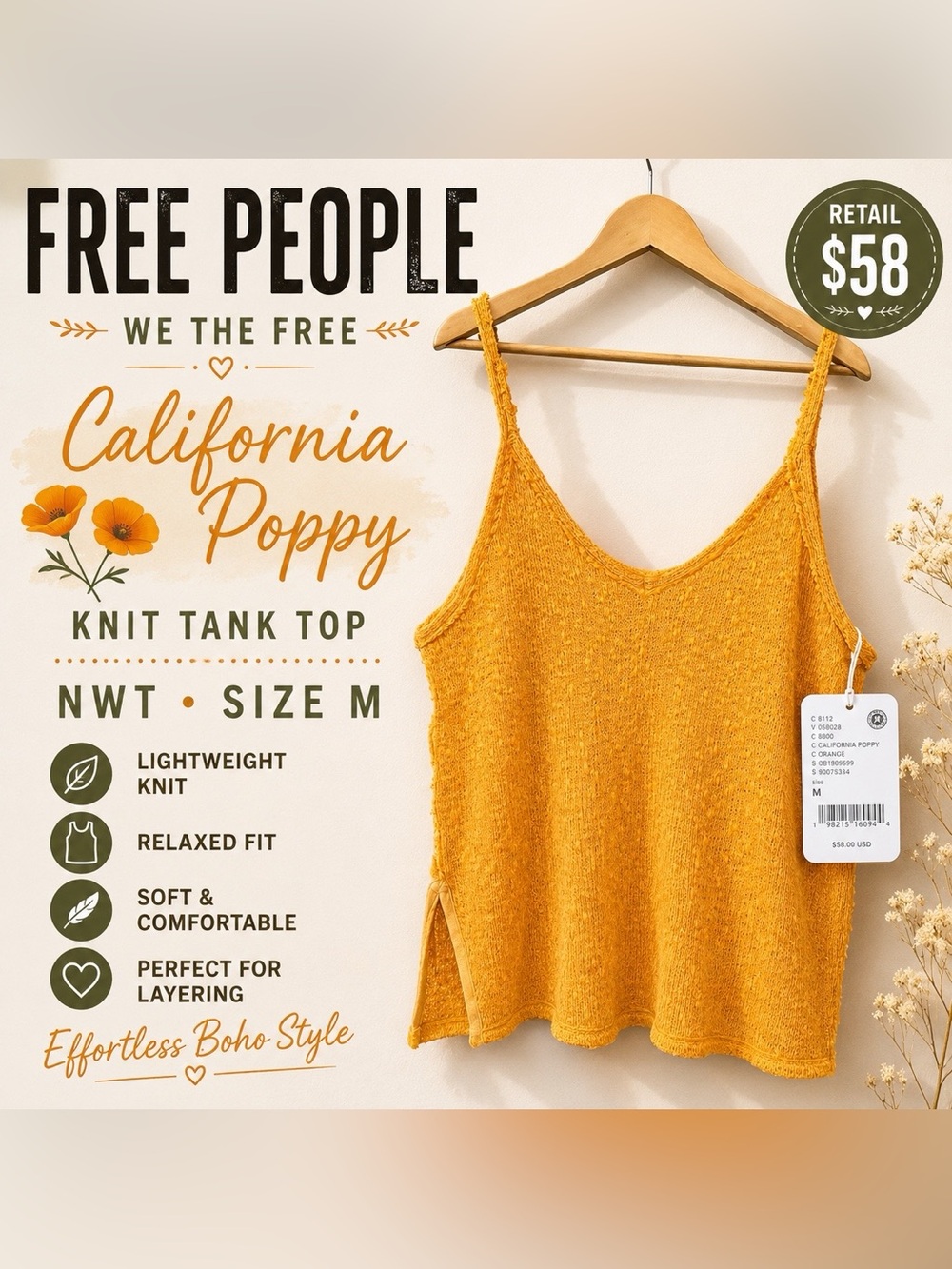 Free People We The Free California Poppy Knit Tank Top Medium NWT